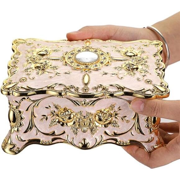 Vintage Metal Jewelry Box - Two Layer Rectangular Trinket Organizer Storage Box - Picture 7 of 8